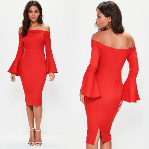 Missguided Dresses & Skirts - NWT Missguided Red Bardot Frill Sleeve Midi Dress